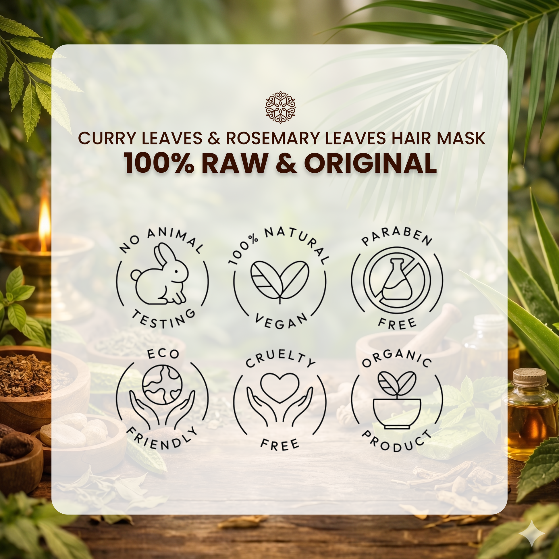 Curry leaves and rosemary leaves hair mask packaging with natural product icons and text.