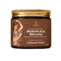 A jar of Bhringraj Brahmi Scalp Nutritional Hair Fall Control Hair Mask by Leypa, featuring a dark brown label with a gold lid and an illustration of a traditional Indian woman, set against a plain white background.