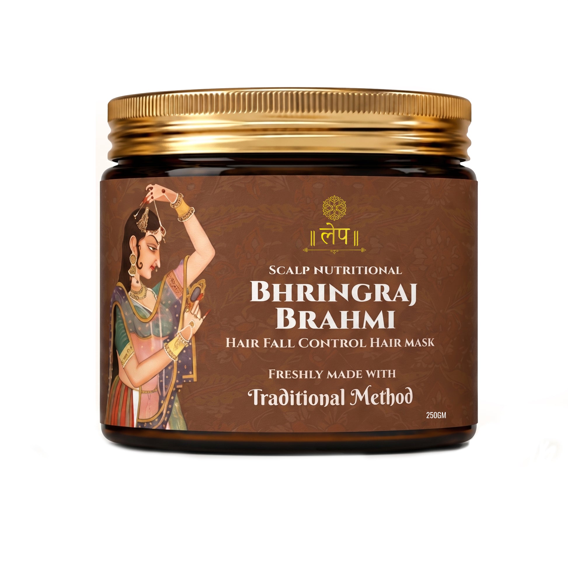 A jar of Bhringraj Brahmi Scalp Nutritional Hair Fall Control Hair Mask by Leypa, featuring a dark brown label with a gold lid and an illustration of a traditional Indian woman, set against a plain white background.
