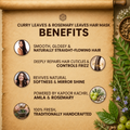 Curry leaves and rosemary leaves hair mask benefits on a brown paper background with herbs and greenery.