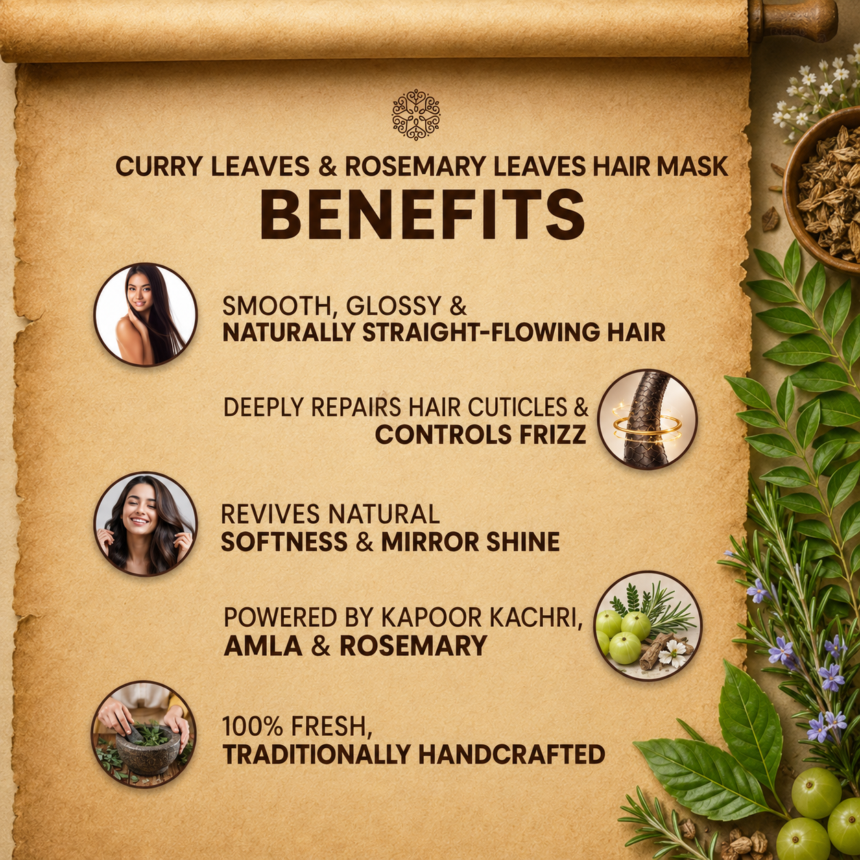 Curry leaves and rosemary leaves hair mask benefits on a brown paper background with herbs and greenery.