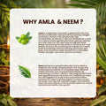 Informational text about Amla and Neem with images of the herbs and a bottle on a natural background.