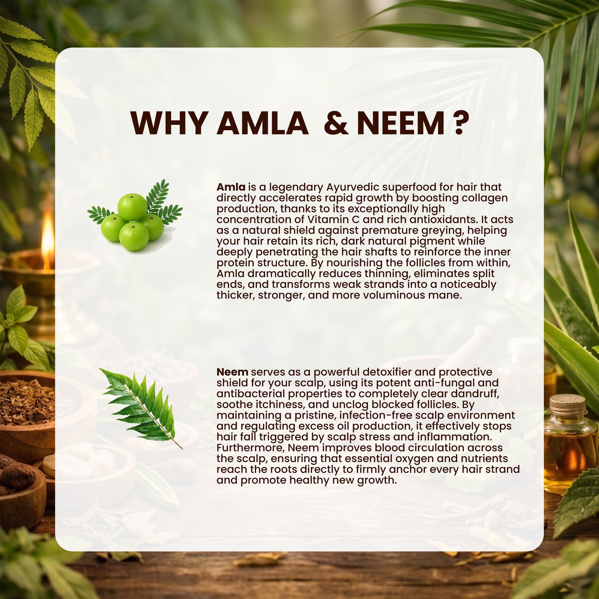 Informational text about Amla and Neem with images of the herbs and a bottle on a natural background.