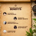 Kesh Neer Hair Toner benefits listed on a rustic paper background with natural elements.