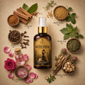 Kesh Neer bottle surrounded by herbs and spices on a beige background
