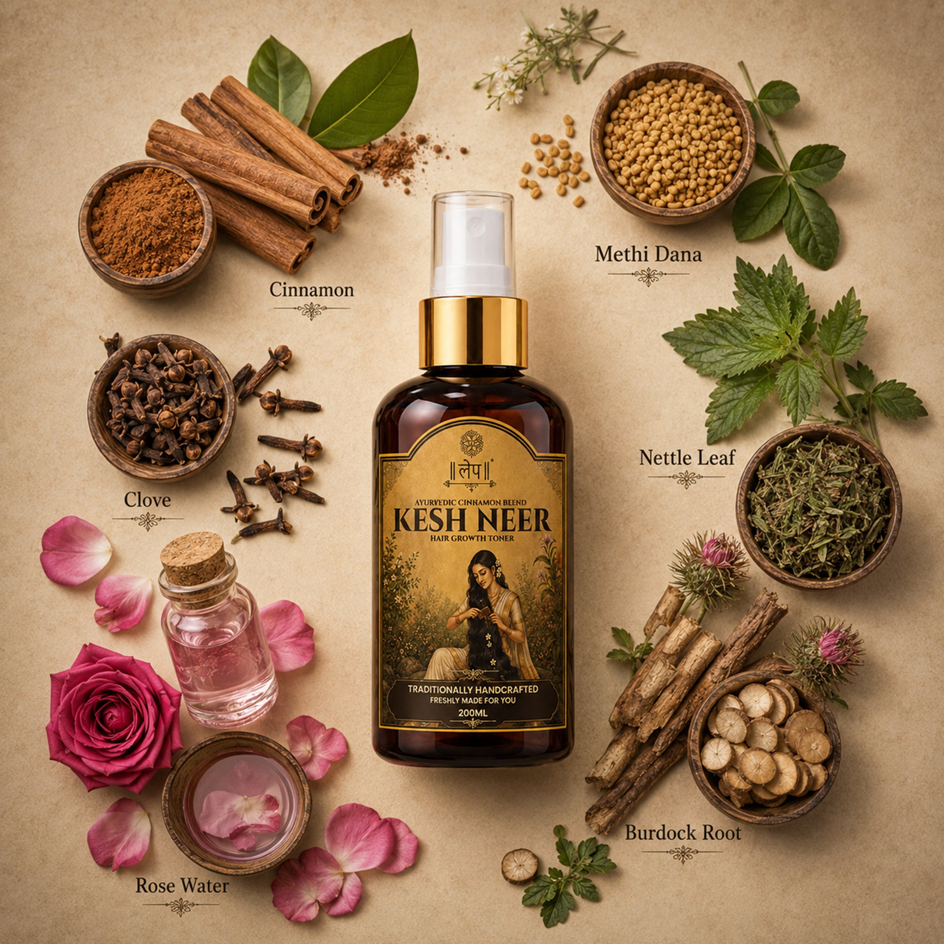 Kesh Neer bottle surrounded by herbs and spices on a beige background