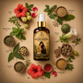 Kesh Sneha hair oil bottle surrounded by herbs and flowers on a beige background