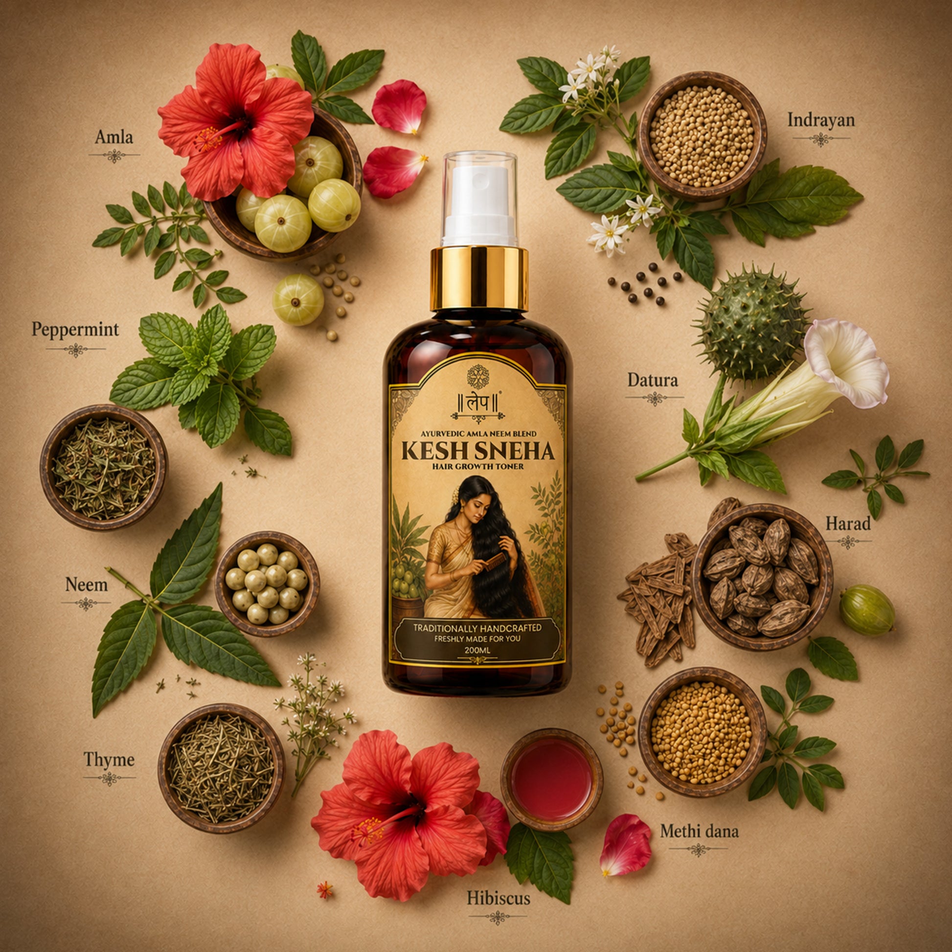 Kesh Sneha hair oil bottle surrounded by herbs and flowers on a beige background