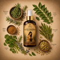 Kesh Vriddhi hair growth tonic bottle surrounded by herbs on a beige background
