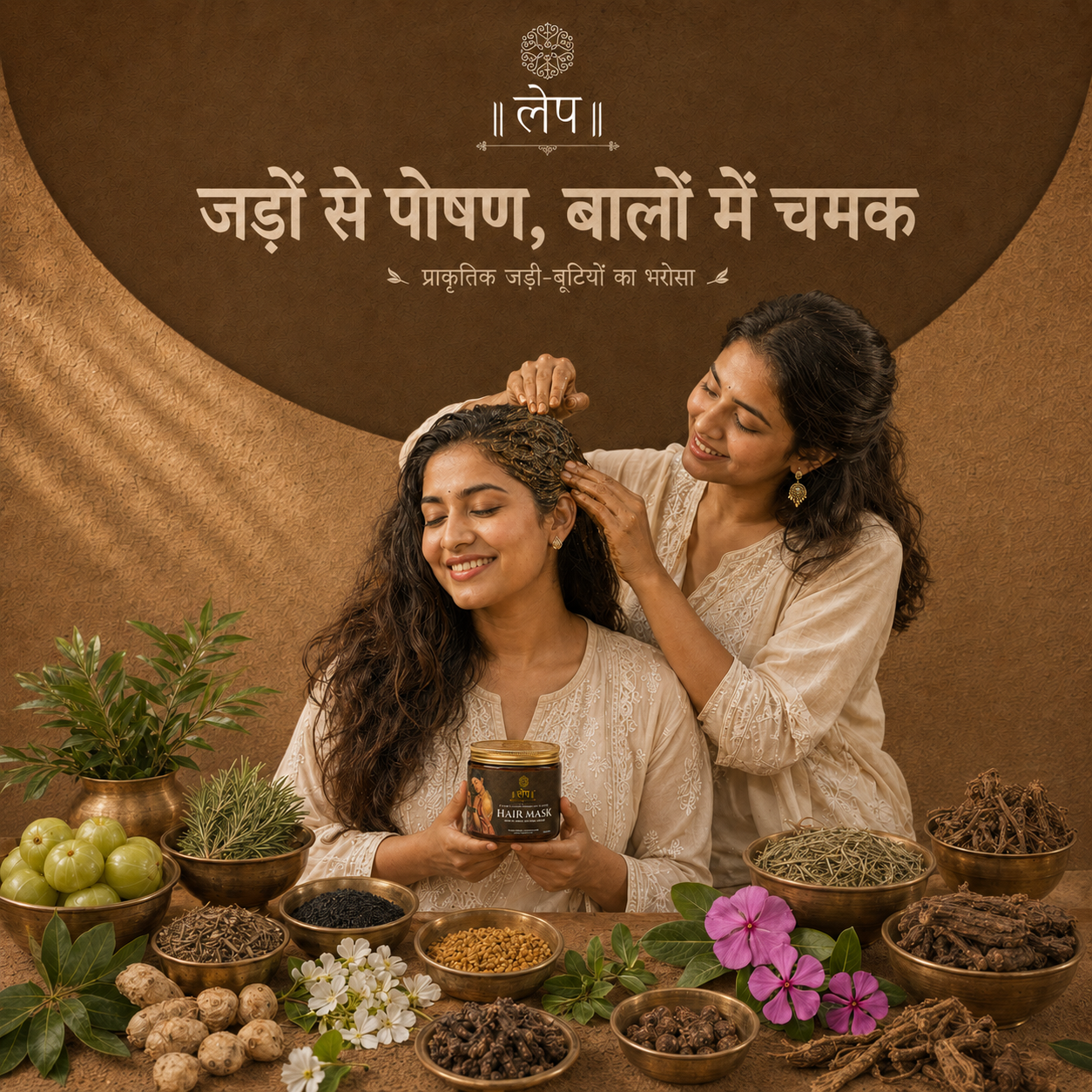 Two women with a traditional hairstyle, surrounded by bowls of herbs and plants on a brown background.