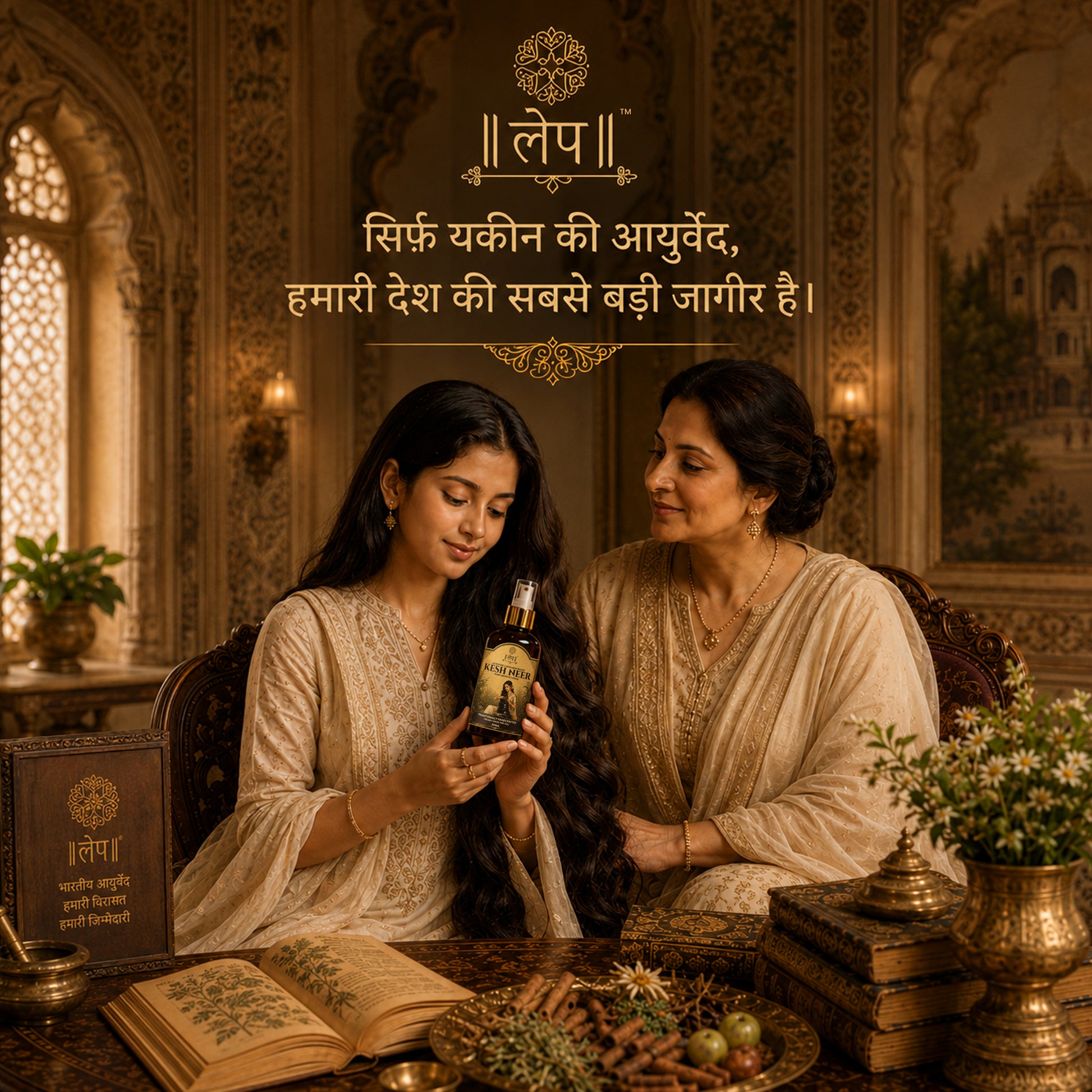 Two women in traditional attire holding a Kesh Neer hair growth tonic bottle bottle, with ornate decor and text in the background.