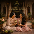 Two women sitting together holding bottles with decorative text above them.