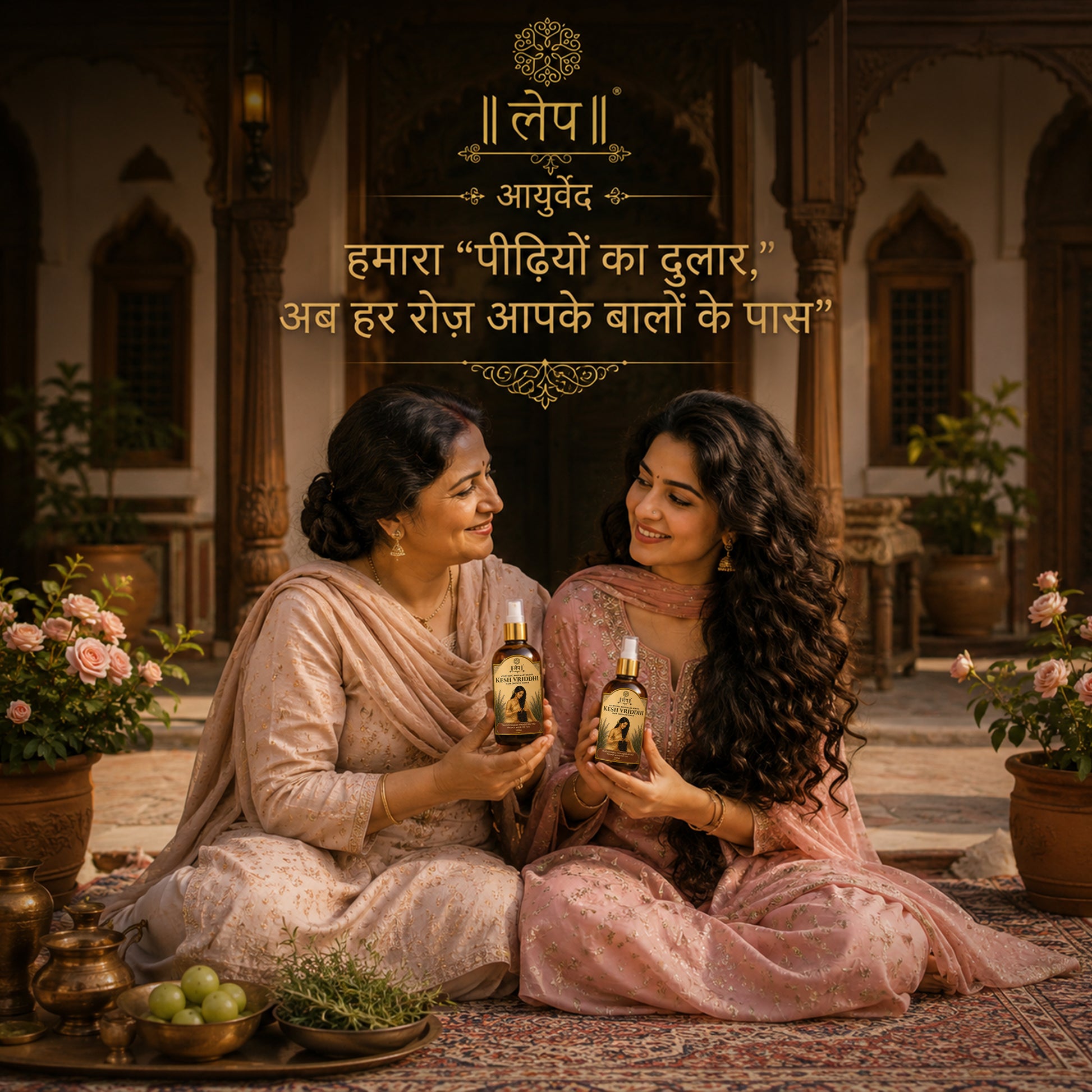Two women sitting together holding bottles with decorative text above them.