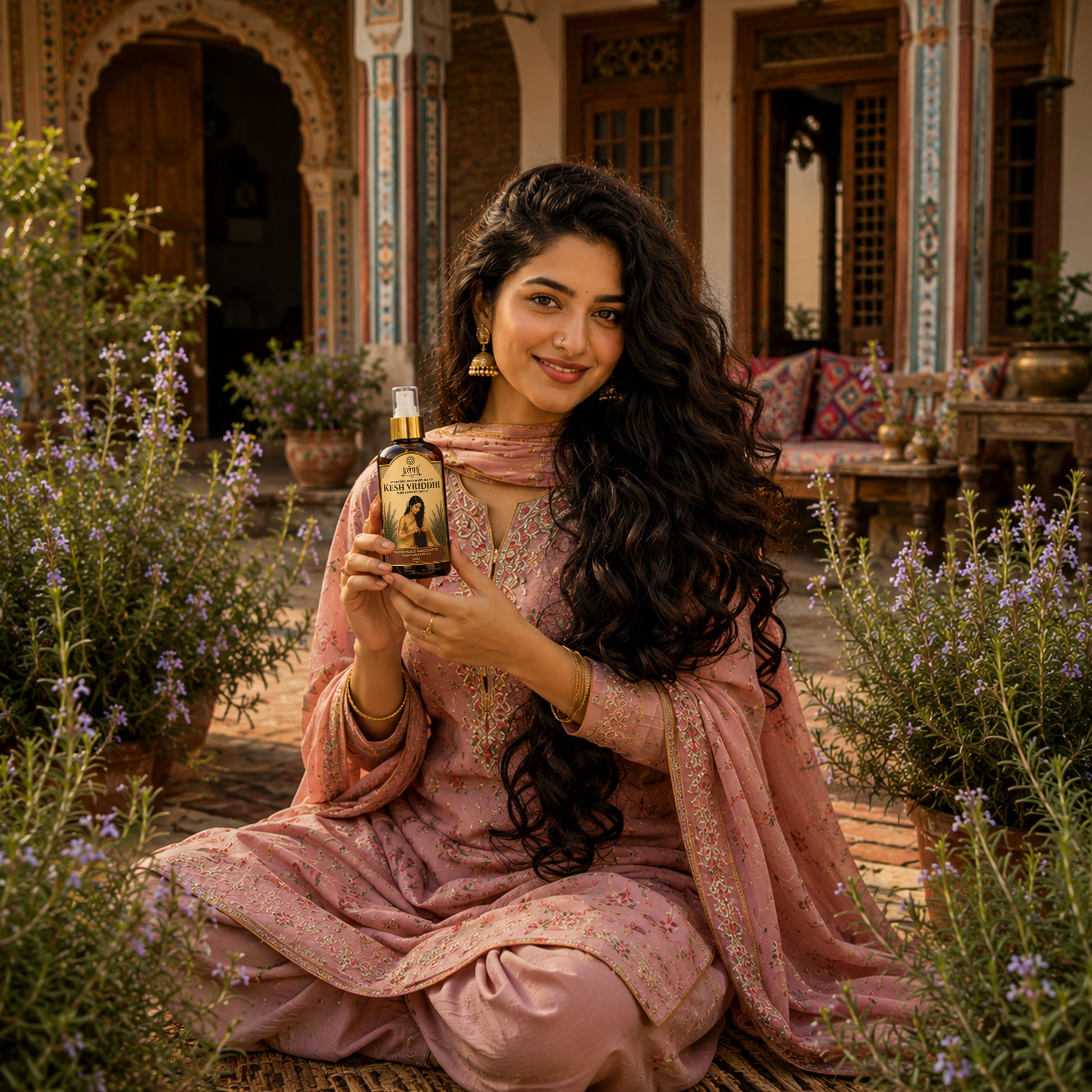 Woman holding a bottle of 'Kasturi Gold' in an outdoor setting with plants and architecture.