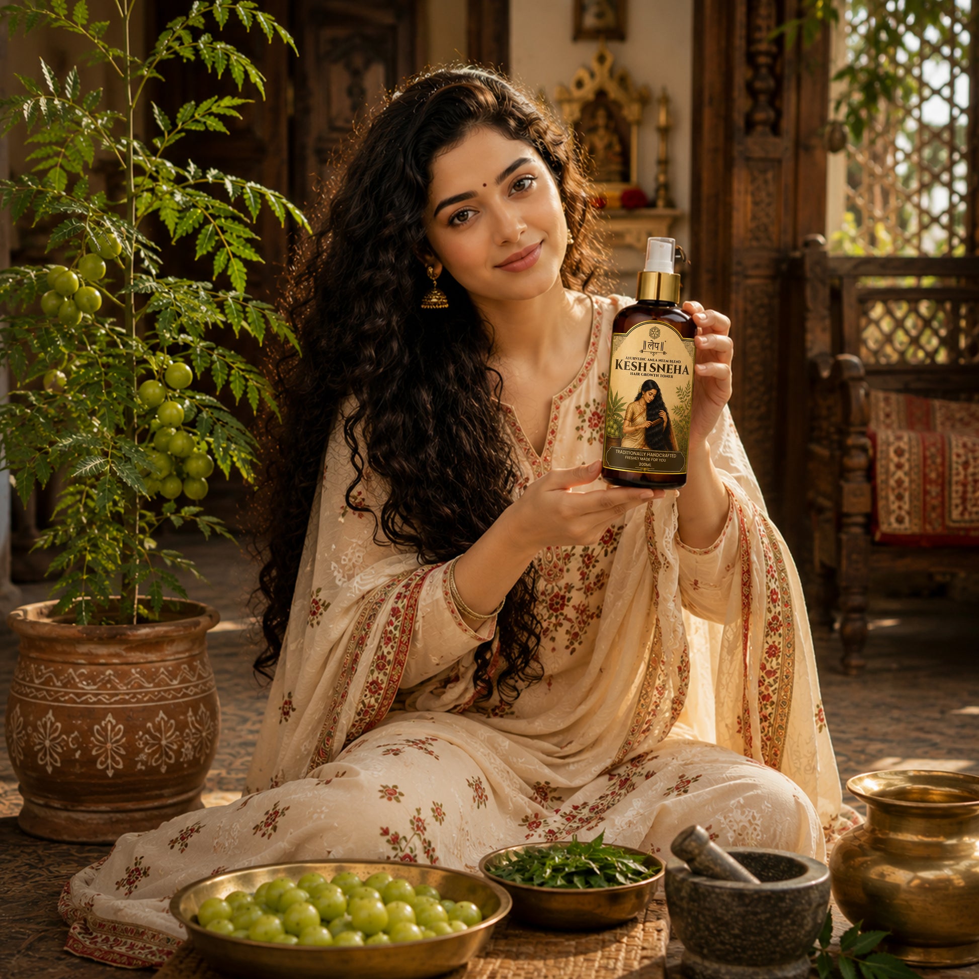 Woman holding a bottle of Kesh Sneha hair growth toner ingredient's details   in a traditional setting with plants and bowls.