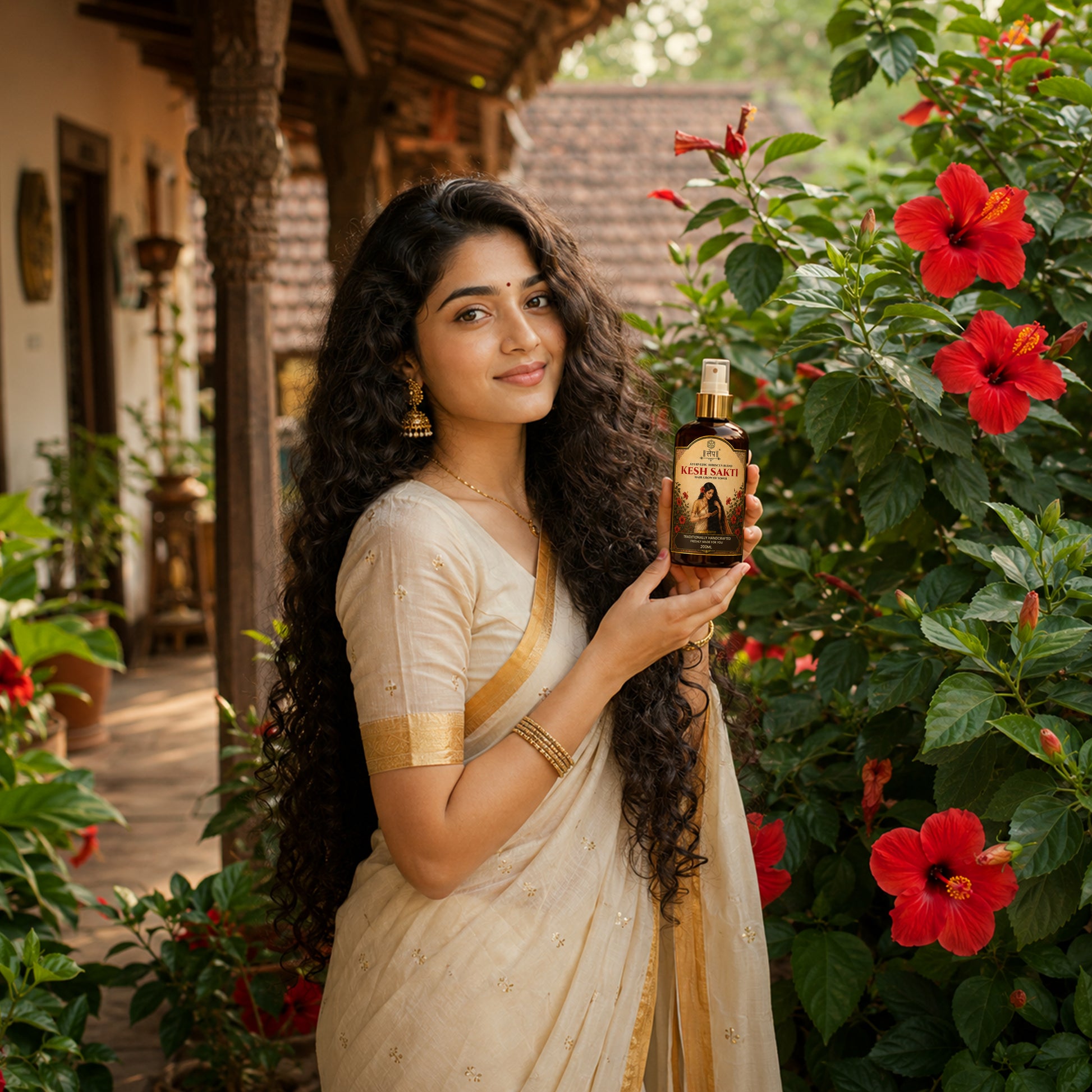 a woman holding Kesh Sakti hair growth toner