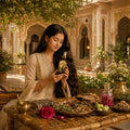 Woman holding a bottle of 'Nature's Pride' in an outdoor setting with plants and decor.