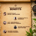 Kesh Krti hair serum benefits listed on a rustic background with natural elements.