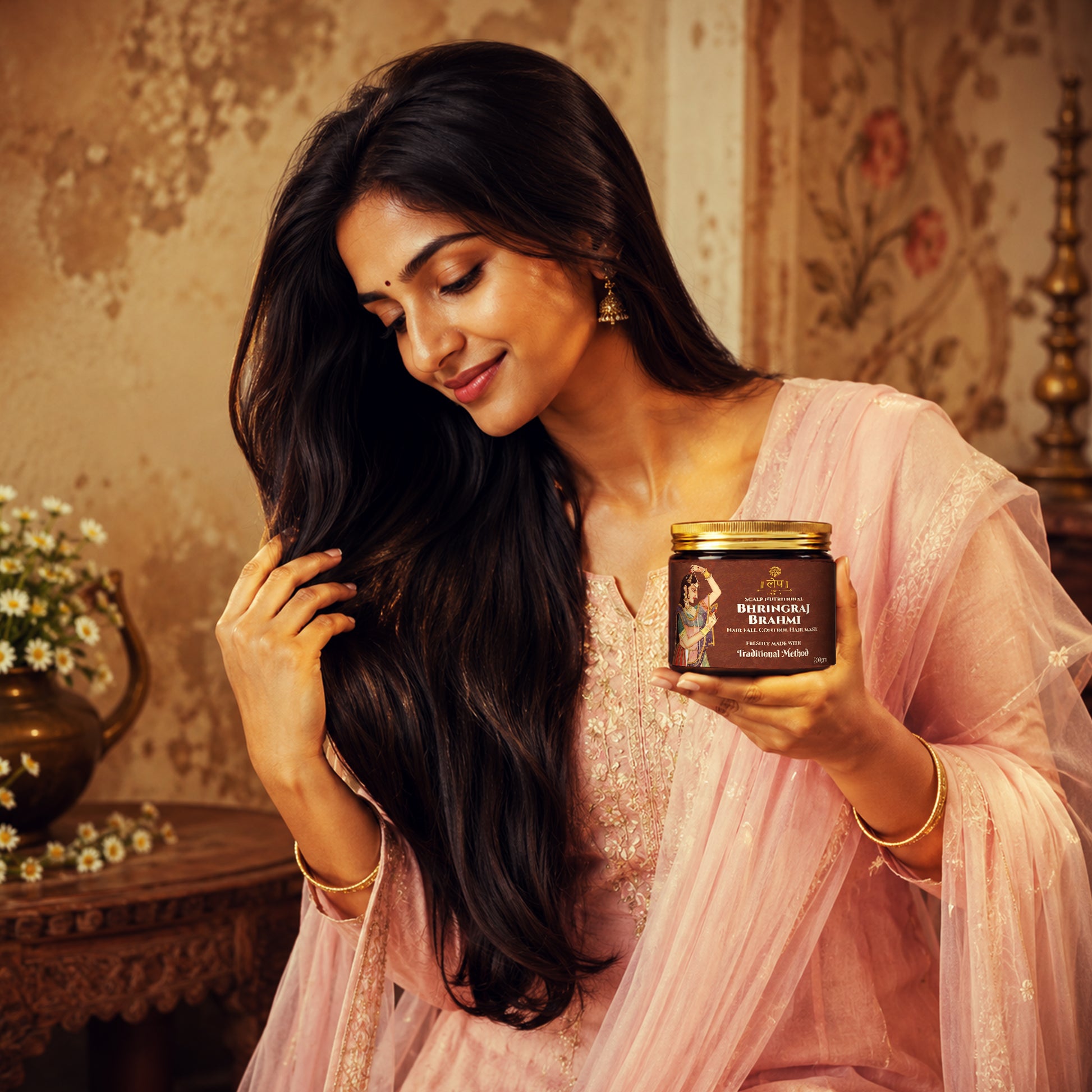 Woman holding a jar of bhringraj and brahmi hair mask hair care product in a decorated room