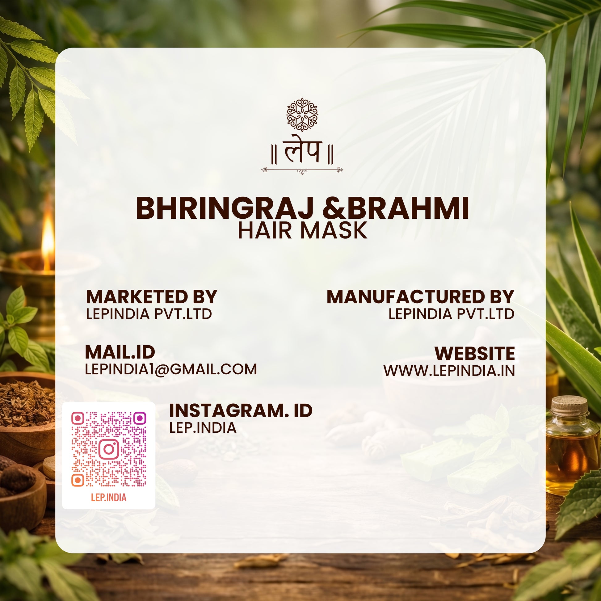 Bhringraj & Brahmi hair mask packaging with brand details and QR code on a natural background.