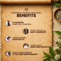 Bhringraj Brahmi hair mask benefits listed on a scroll with natural elements.