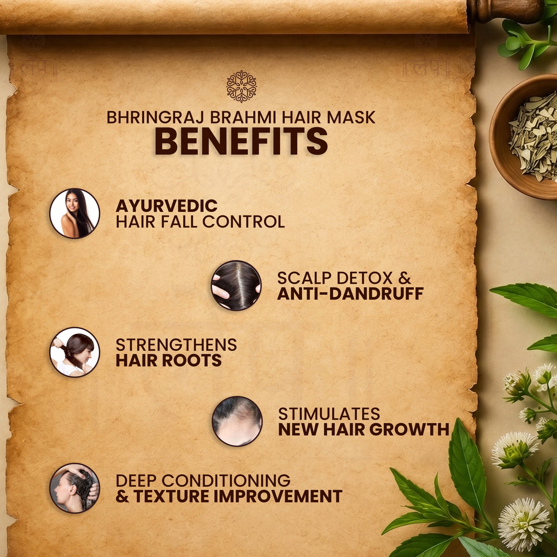 Bhringraj Brahmi hair mask benefits listed on a scroll with natural elements.