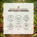 Hibiscus & Aloe Hair Mask packaging with natural product icons and a green leafy background.