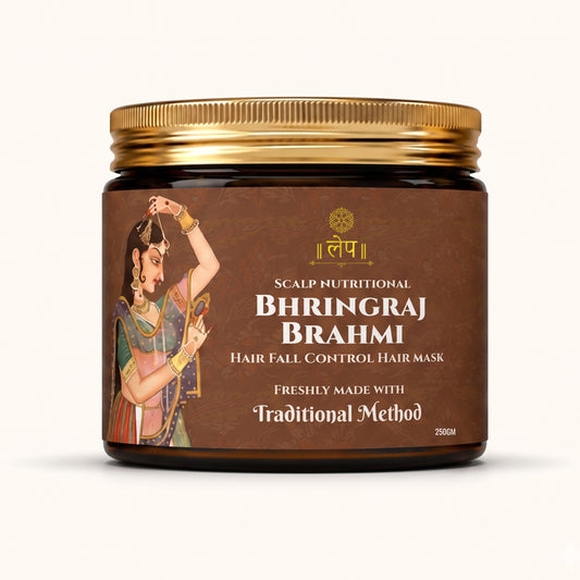 Jar of Bhringraj Brahmi hair mask with a traditional design on the label.