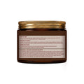 Brown hair mask jar with gold lid on a white background with how to use use , promise of purity, important notes and benefits