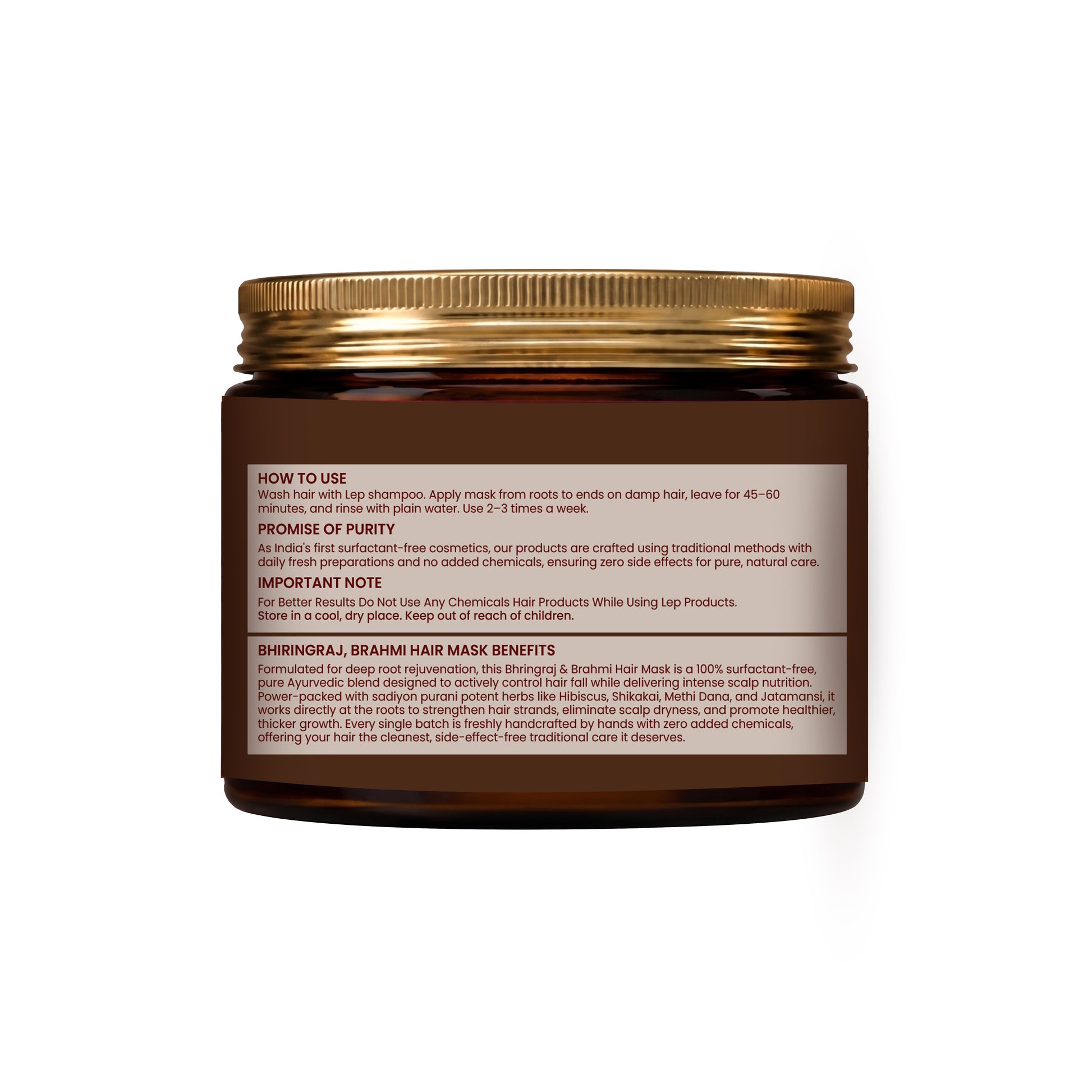 Brown hair mask jar with gold lid on a white background with how to use use , promise of purity, important notes and benefits