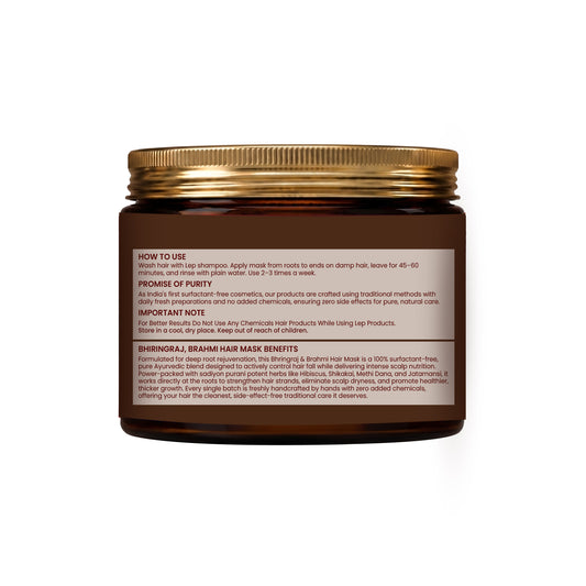 Brown hair mask jar with gold lid on a white background with how to use use , promise of purity, important notes and benefits