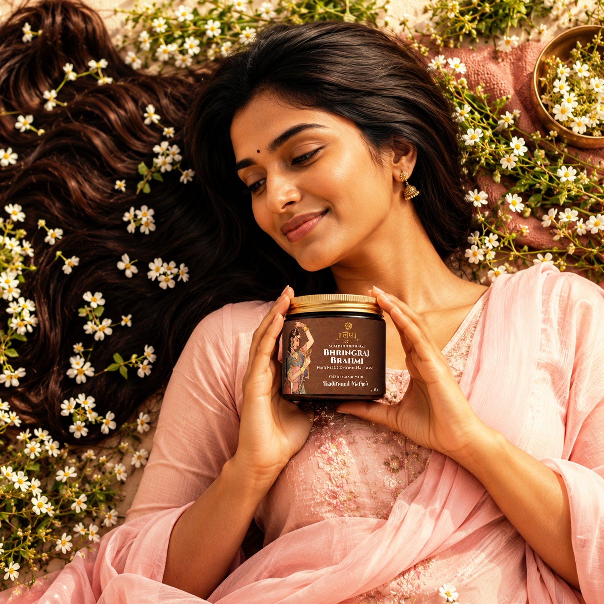 Woman holding a product container surrounded by flowers