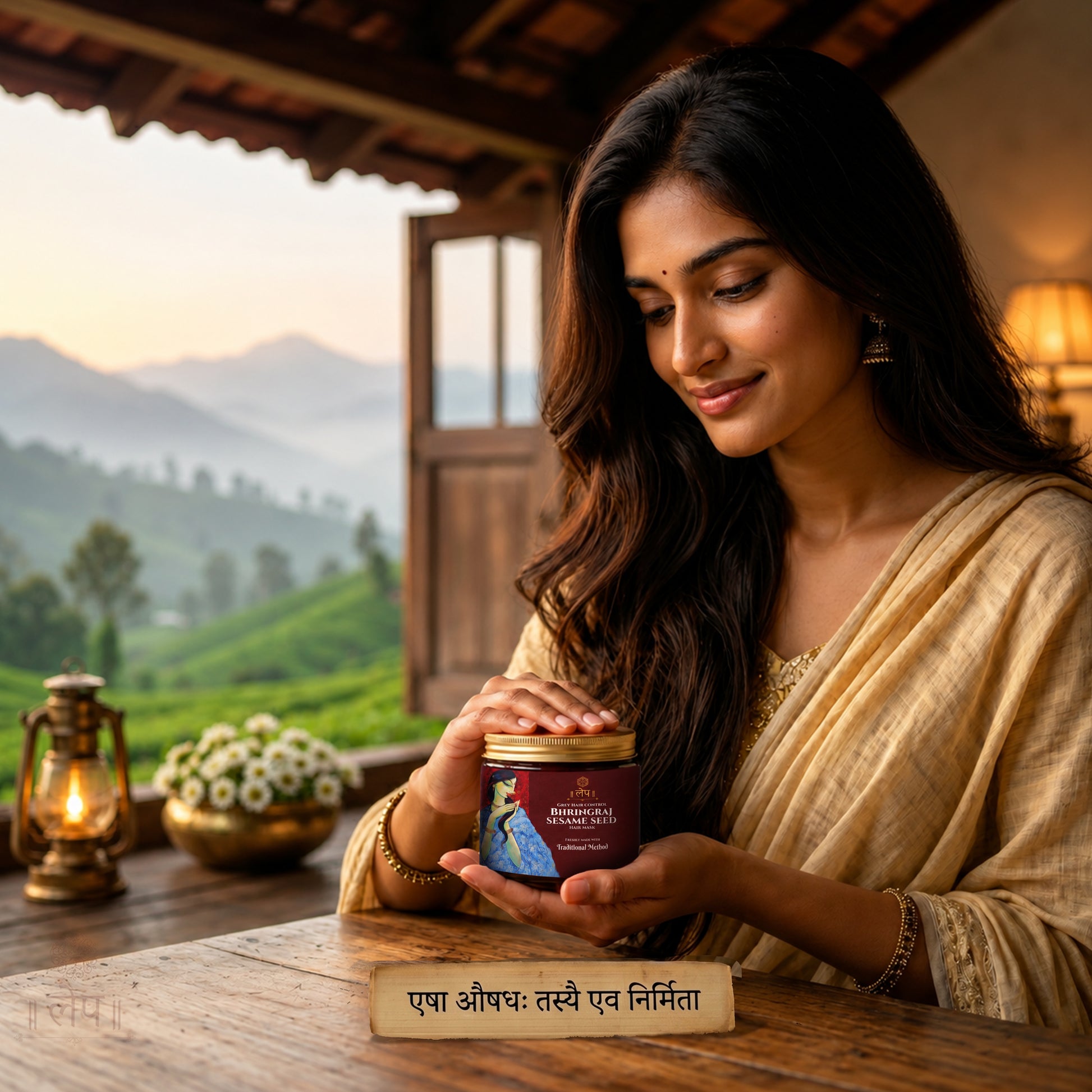 Woman holding a product with scenic background