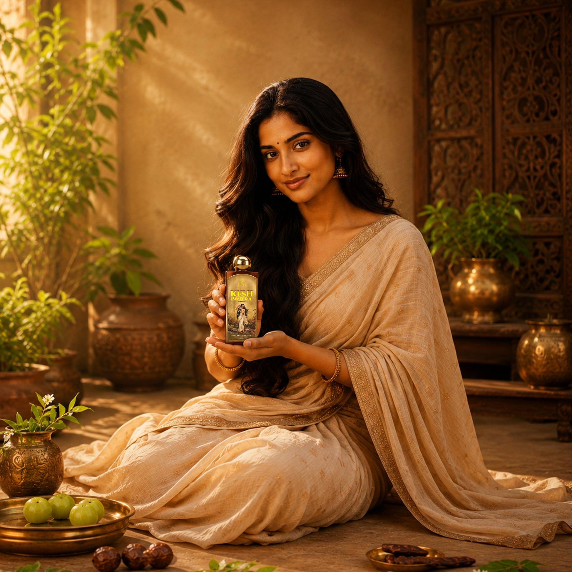 Woman in traditional attire holding a product in a warm, indoor setting with plants and decorative items. a premium ayurvedic shampoo product banner showcasing beautiful long healthy hair with a handcrafted look, representing the deep desire of every woman for pure hair care.