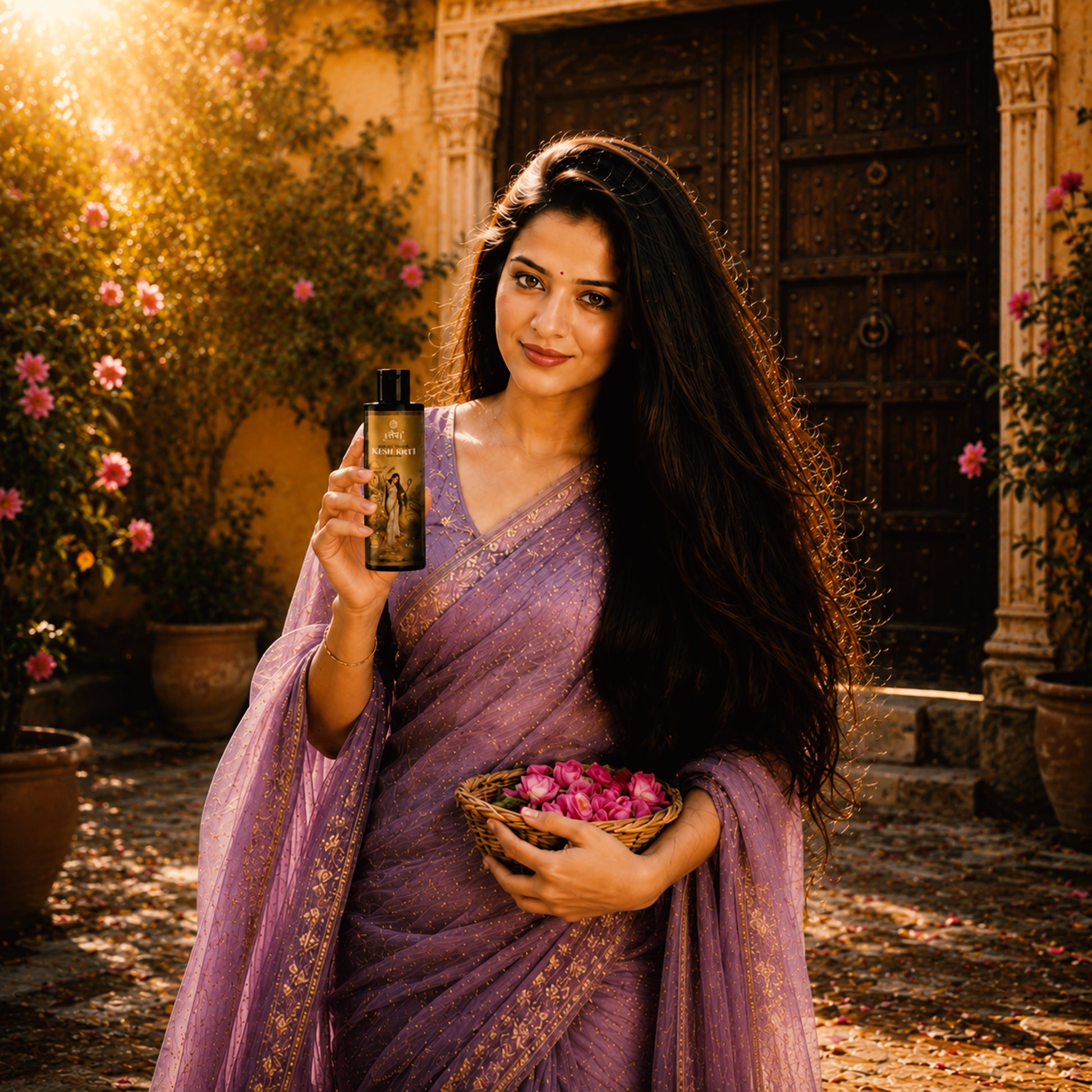 Woman in a purple saree holding a bottle and a basket of flowers in an outdoor setting.