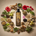 Kesh Kriti hair oil bottle surrounded by herbs and flowers on a beige background