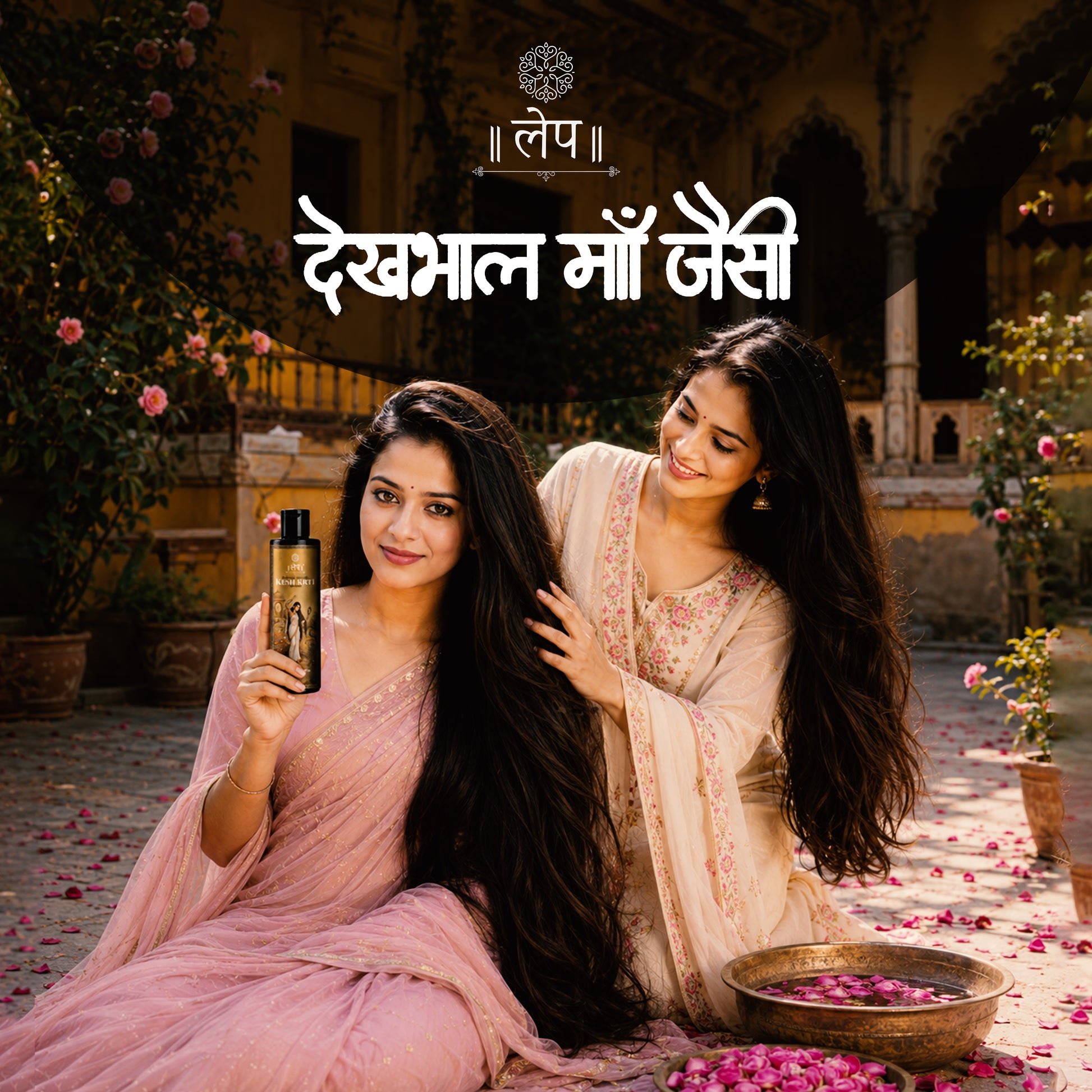 Two women in traditional attire with a kesh krti hair serum bottle of shampoo in a decorative setting.