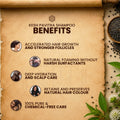 an informative banner on a scroll background detailing the benefits of kesh pavitra shampoo like accelerated hair growth and deep hydration., Kesh Pavitra Shampoo benefits listed on a rustic background with natural elements.