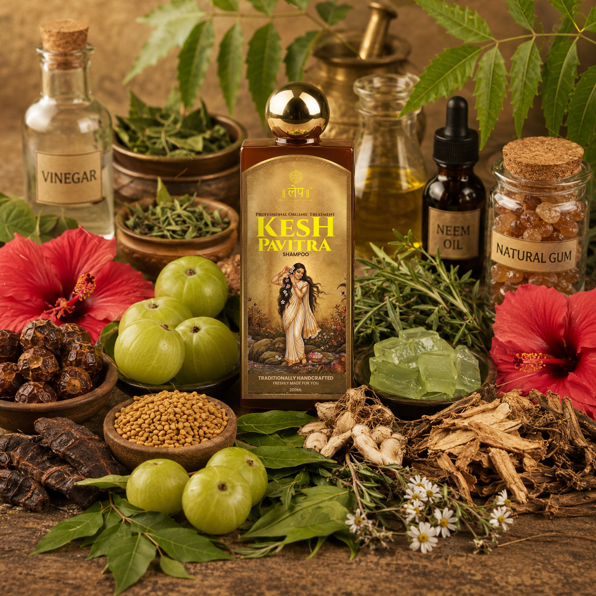 Kesh Pavana shampoo bottle surrounded by natural ingredients on a wooden surface. a premium flatlay setup of kesh pavitra shampoo bottle surrounded by raw natural ingredients like amla hibiscus reetha and fresh aloe vera.