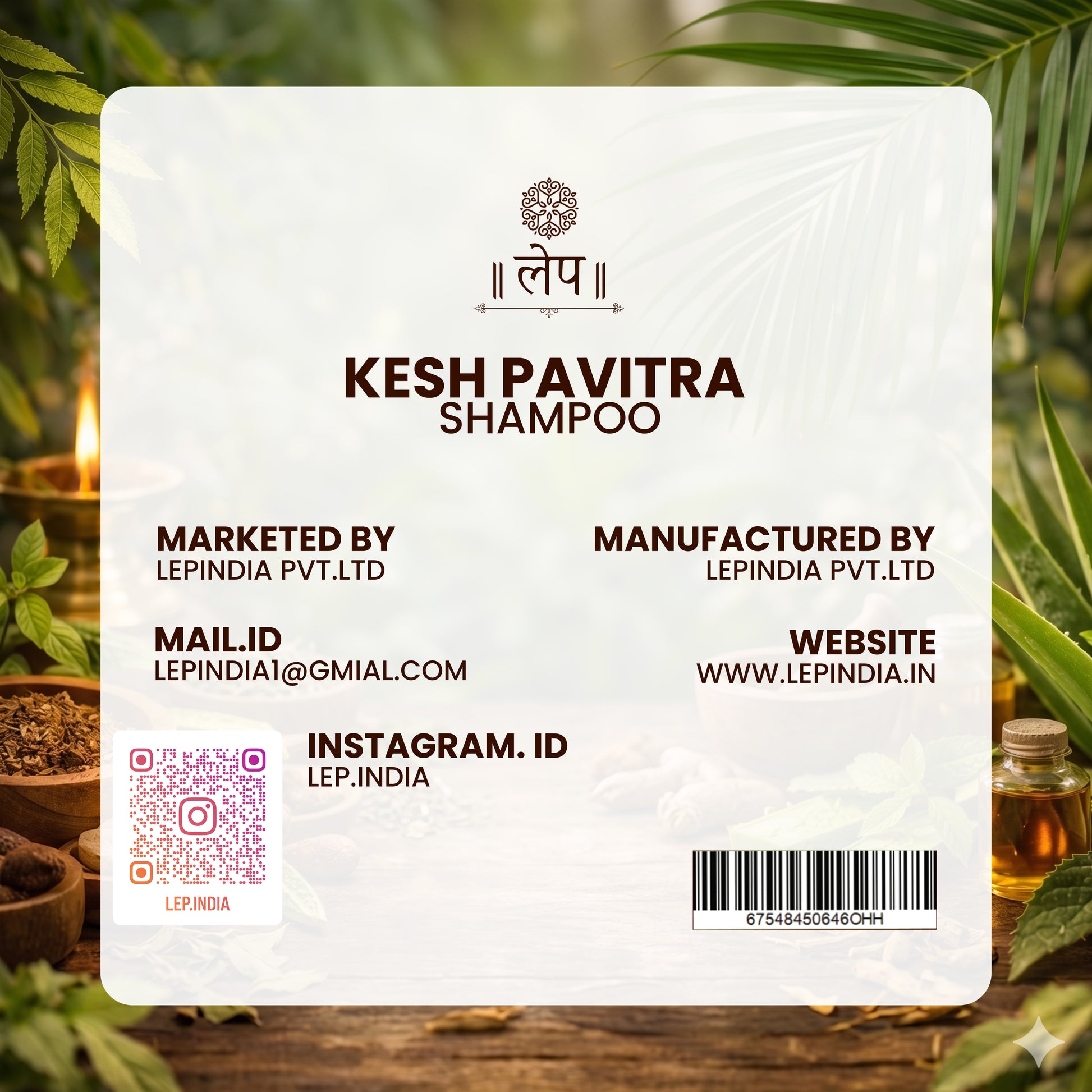 Kesh Pavitra Shampoo packaging with brand details and QR code on a natural background a minimalist back card showcasing the marketing manufacturing details and website address for kesh pavitra shampoo.
