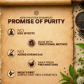 Bhringraj hair mask advertisement with text and natural elements on a brown background, a product feature graphic explaining the purity promise of lep shampoo including no side effects and surfactant free formulation.