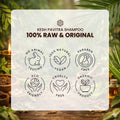 Kesh Pavitra Shampoo packaging with natural product icons and text on a blurred natural background.a clean product grid layout displaying trust icons for 100 percent raw and original organic shampoo with vegan and cruelty free badges.