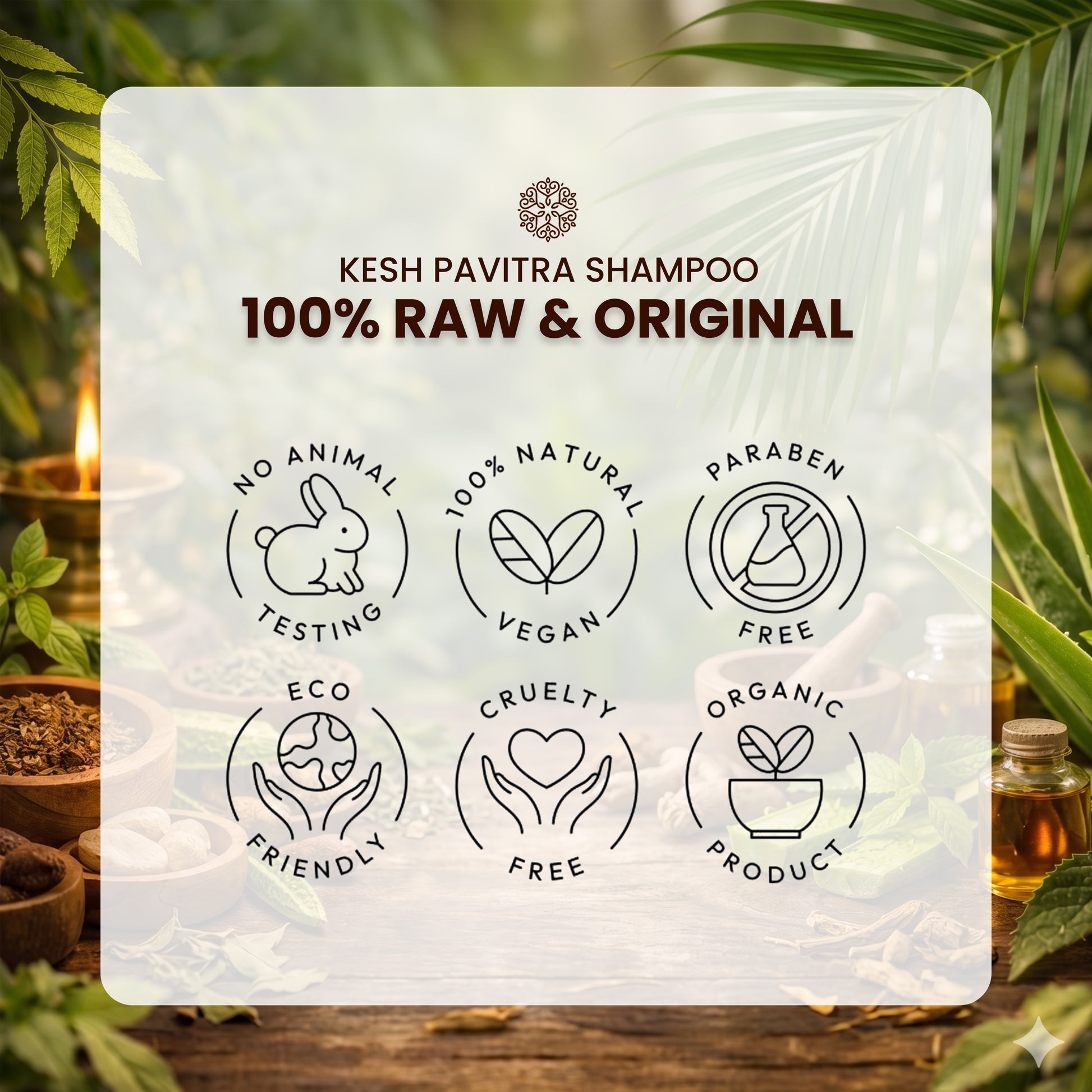 Kesh Pavitra Shampoo packaging with natural product icons and text on a blurred natural background.a clean product grid layout displaying trust icons for 100 percent raw and original organic shampoo with vegan and cruelty free badges.