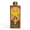 Kesh Pavitra shampoo bottle with gold cap on a white background an elegant traditional indian woman with long flowing black hair posing gracefully, featuring the kesh pavitra ayurvedic shampoo product label in gold and brown tones with a vintage aesthetic.