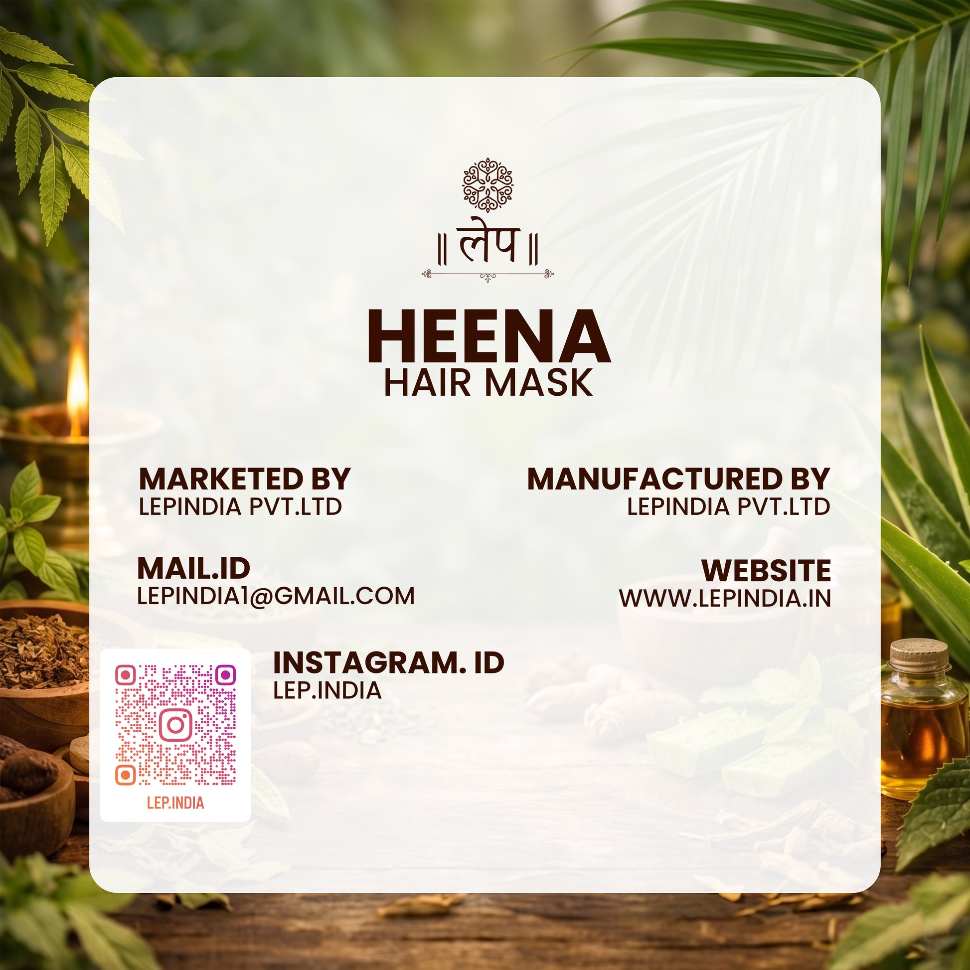 Heena hair mask packaging with brand information and QR code on a natural background