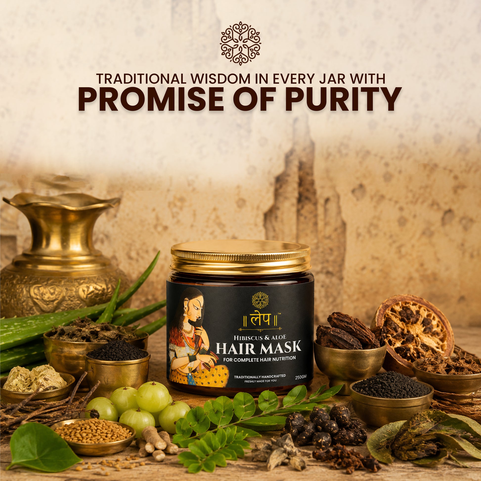 a premium amber glass jar of lep hibiscus and aloe hair mask for complete hair nutrition with a golden cap. the sleek black product label features traditional indian artwork of a woman combing her long dark hair, elegant gold typography, and the text "traditionally handcrafted, freshly made for you" in 250gm volume.