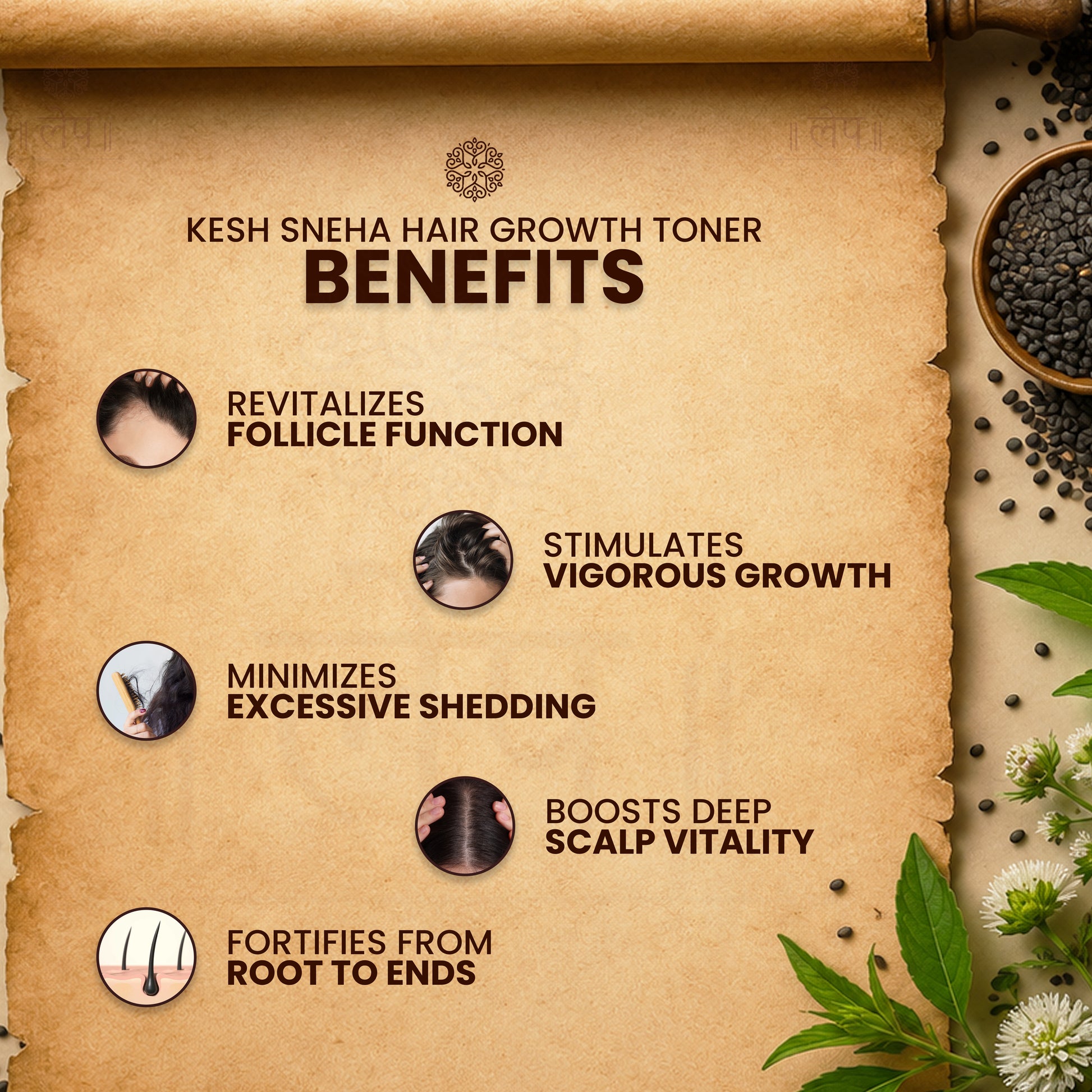 Promotional text for Kesh sneha Hair Toner with natural elements on a brown background