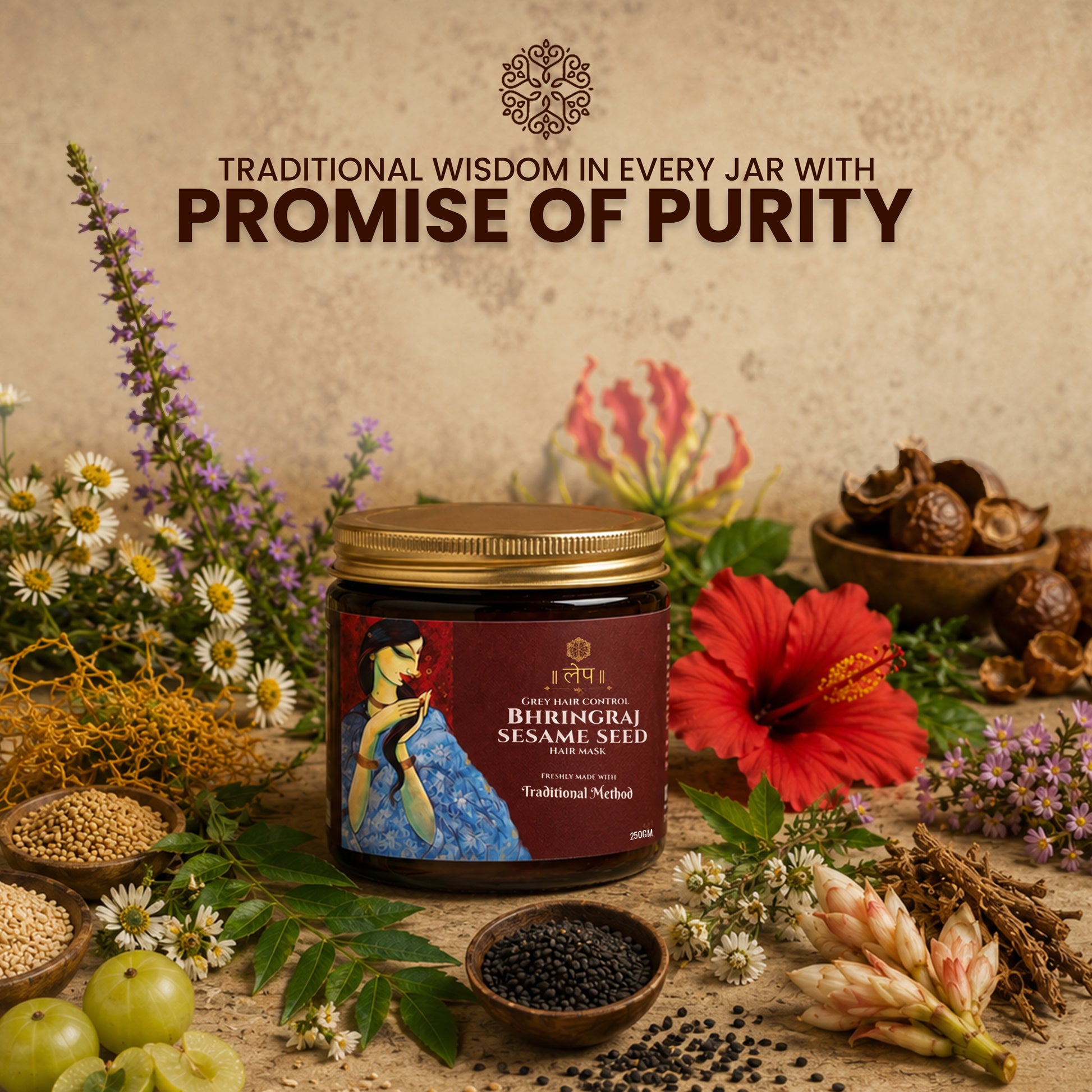 Jar of Bhringraj Sesame Seed with natural elements and text on a textured background
