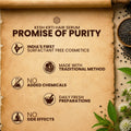 Promotional graphic for Kesh Krti Hair Serum with text about its features on a brown paper background.