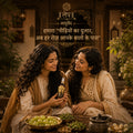 Promotional card about two Woman holding a bottle of Kesh Sneha hair growth toner ingredient's details   in a traditional setting with plants and bowls.